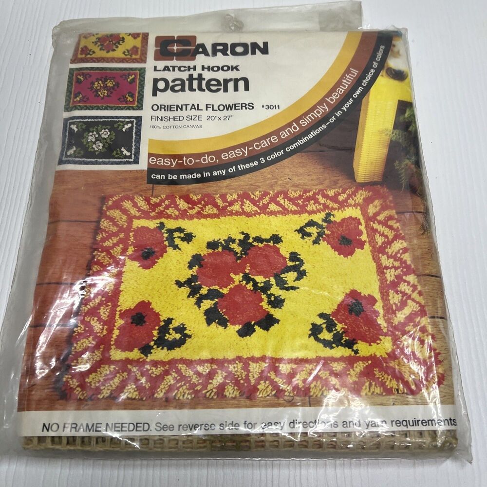 Oriental Flowers ︱Vintage Latch Hook Rug ︱Pattern Caron  20 X 27  ︱Cotton Canvas
